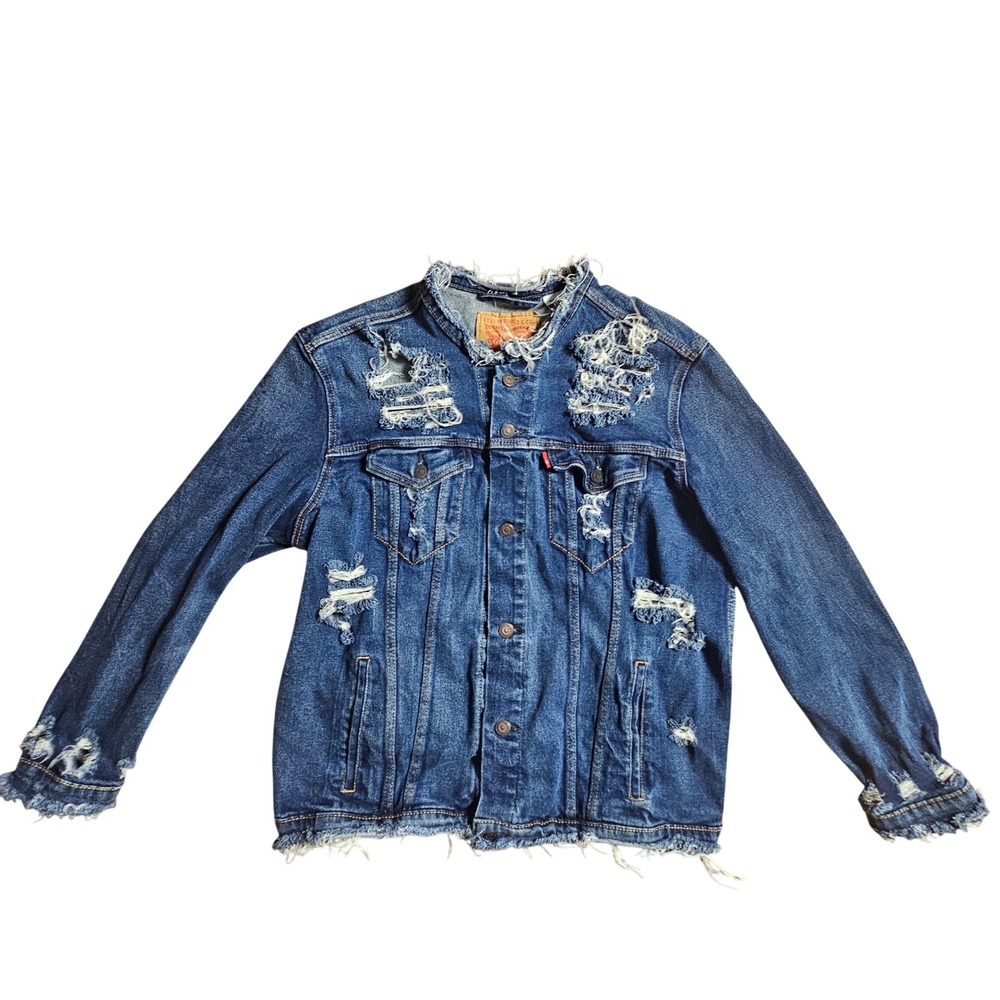 Levi's Distressed Denim Trucker Jacket Womens 2XL Blue Raw Hem Edgy Streetwear